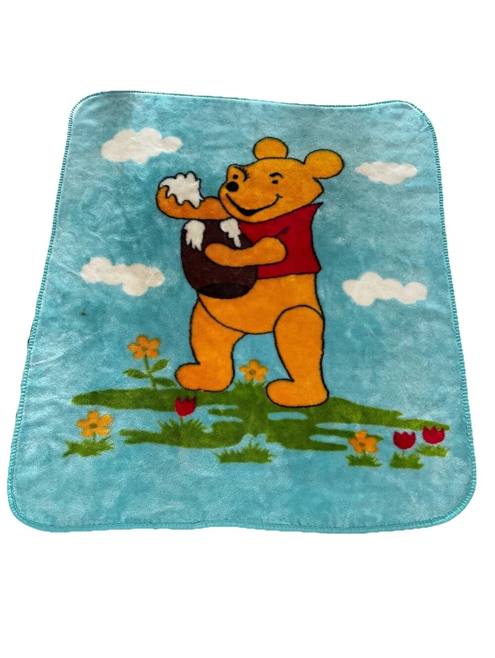 Vintage Winnie the Pooh Honey Pot Light Blue Plush Fleece Blanket Funky Eye VGC